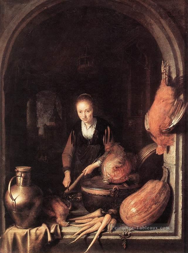 Femme éplucher la carotte Golden Age Gerrit Dou Peintures à l'huile